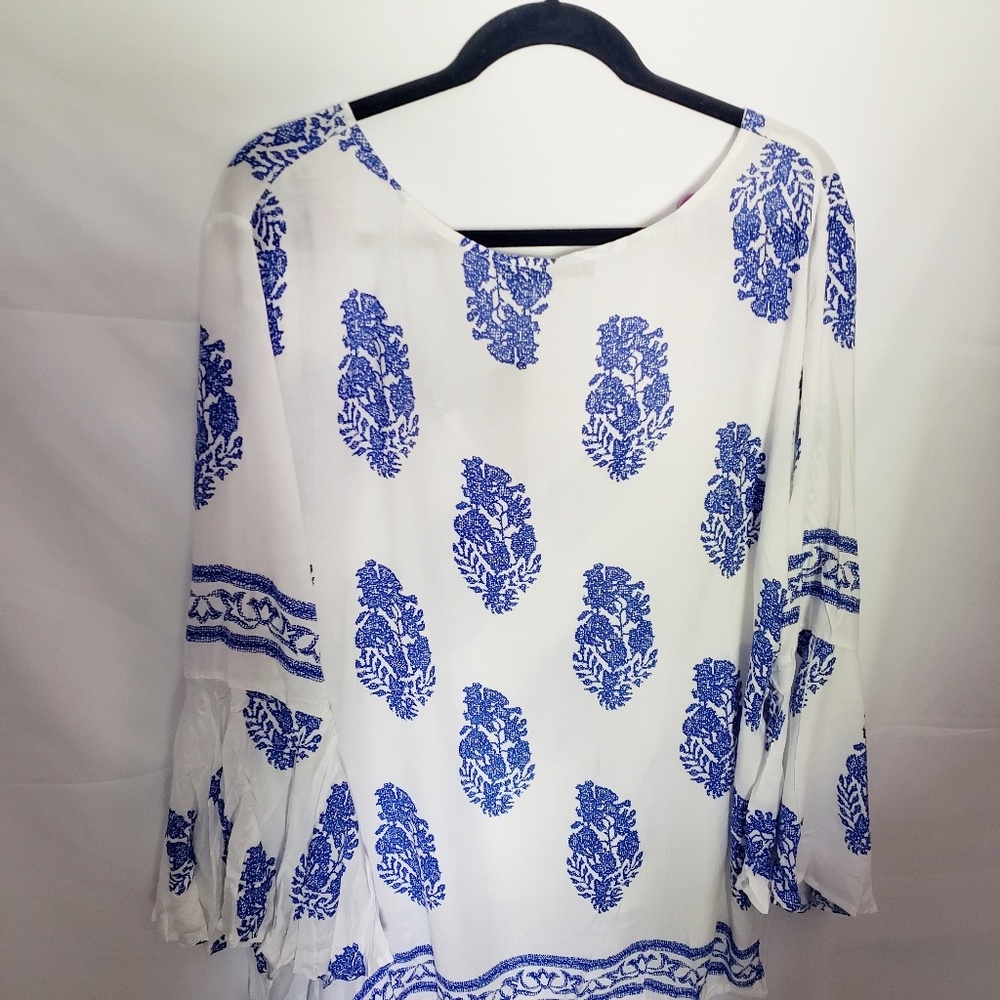 Delft blue & white bell sleeve boho peasant top - Picture 6 of 6